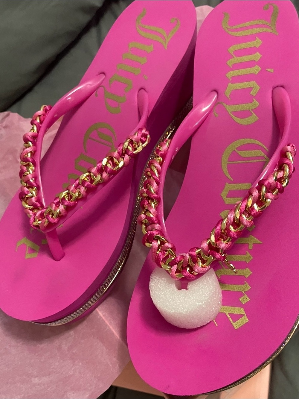 Juicy Couture Bright Pink Flip Flop Sandals with Gold Chain Detail